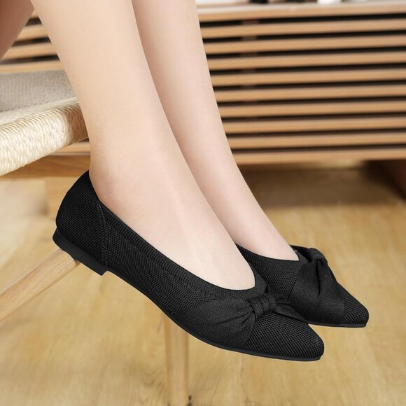 Women's Pointed Toe Knit Black Flats Comfortable Lightweight Dressy Casual Shoes - Picture 9 of 9